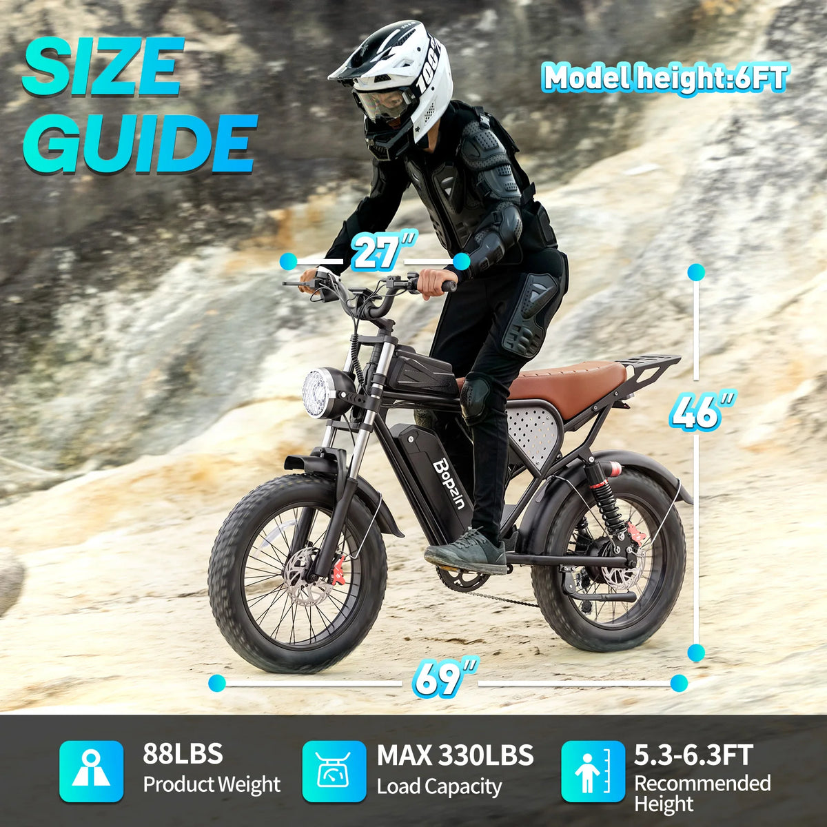 Bopzin C22-Z-25 Electric Bike 1500W 48V 25Ah Fat Tire Ebike for Adults 35MPH Full Suspension Off-Road 20" Dirt Motorcycle E-Bike