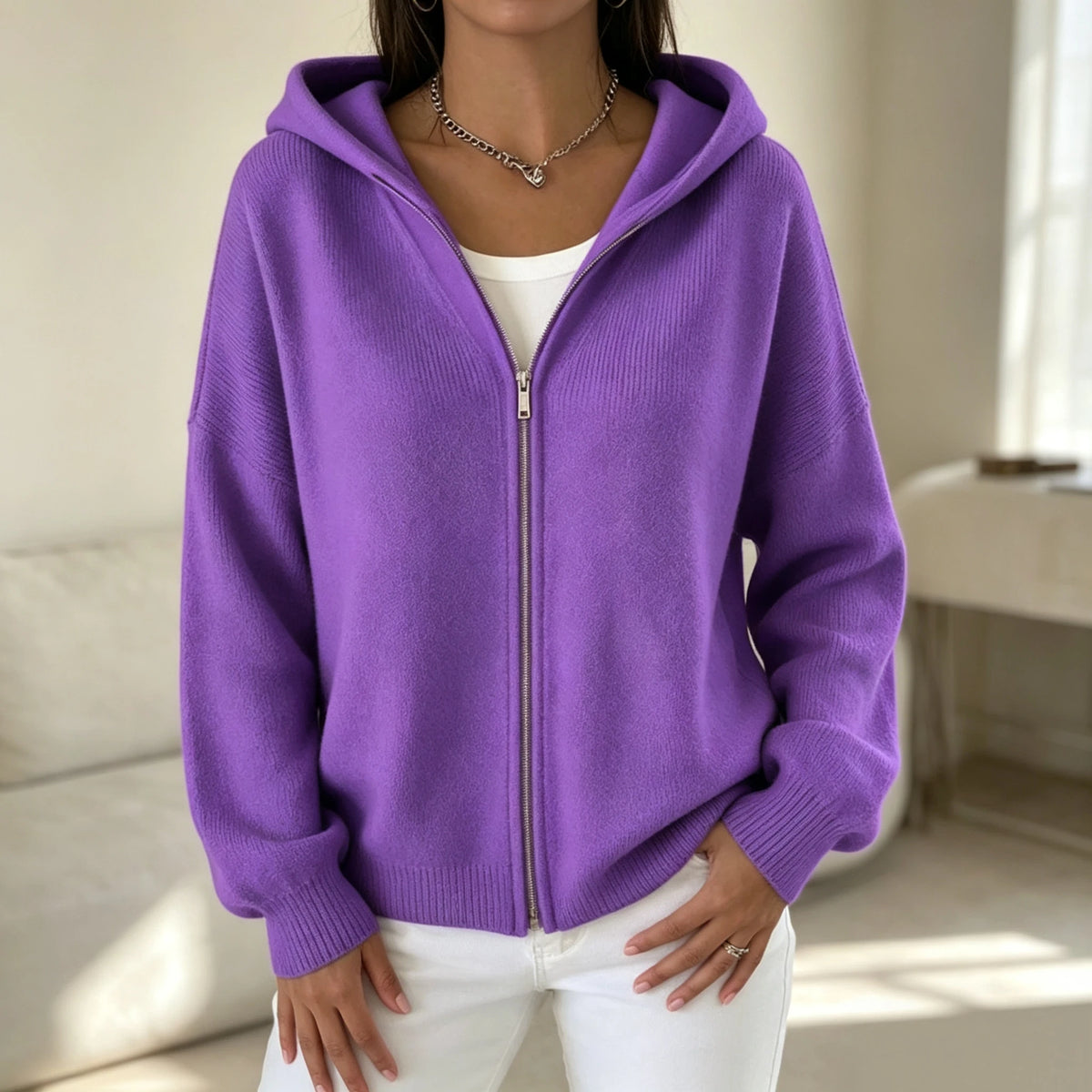 SCACTO Women's Hooded Zip Knit Cardigan With Pockets