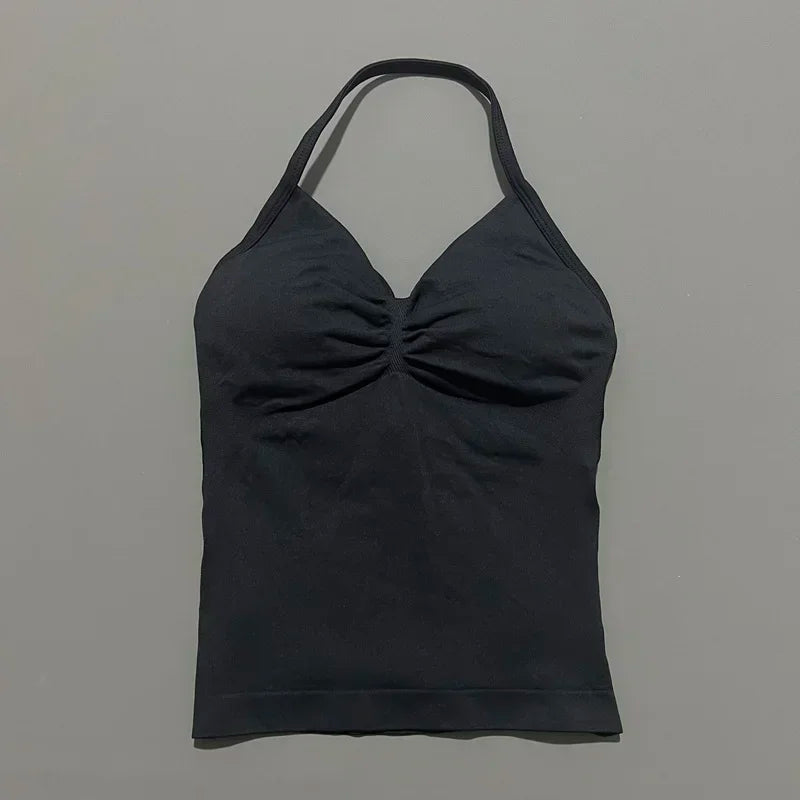 Seamless Halter Neck Workout Tank With Built In Shelf Bra