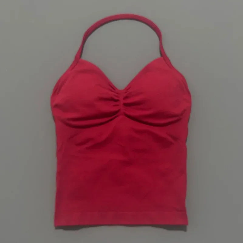 Seamless Halter Neck Workout Tank With Built In Shelf Bra