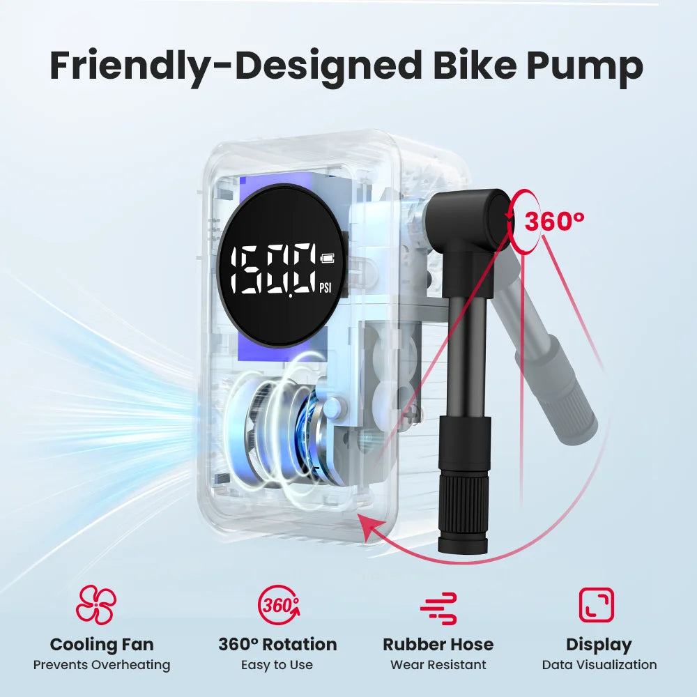 Portable Electric Bike Tire Inflator – P1 150PSI High-Pressure Air Pump for Mountain & Road Bikes, USB-C Rechargeable, 2400mAh Battery, Auto Shutoff, Compact Bicycle Tire Pump with PSI/BAR/KPA for MTB, Commuter, Mini SUV &