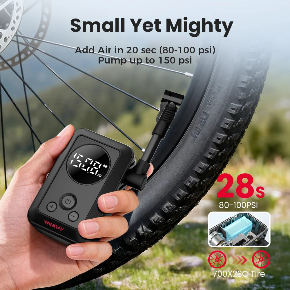 Portable Electric Bike Tire Inflator – P1 150PSI High-Pressure Air Pump for Mountain & Road Bikes, USB-C Rechargeable, 2400mAh Battery, Auto Shutoff, Compact Bicycle Tire Pump with PSI/BAR/KPA for MTB, Commuter, Mini SUV &