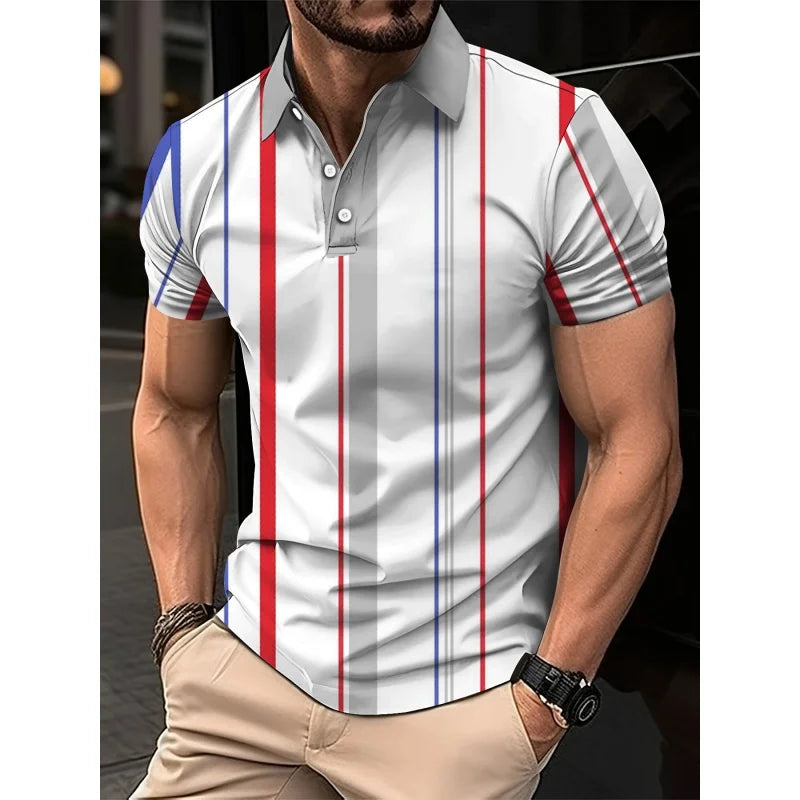 Mens Color Block Striped Polo Shirt Short Sleeve Knit Top