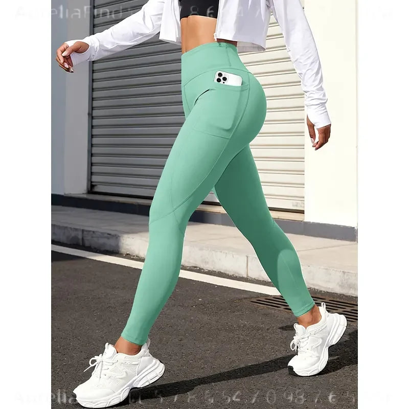 Women Solid High Waist Yoga Leggings With Side Pockets Buttery Soft Naked Feel Stretch Workout Pants For Gym Running Fitness Daily Casual Wear