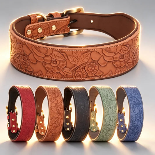 Embossed Faux Leather Dog Collar Adjustable with Gold Buckle & D-Ring Soft Padded Durable Collar for Small To Medium Dogs
