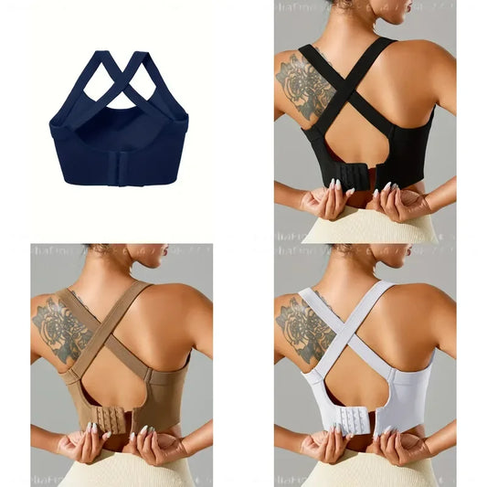 Women Solid Color Strappy Sports Bra Criss Cross Back Sexy Yoga Fitness Tank Top Soft Breathable Activewear for Gym Workout Running Training