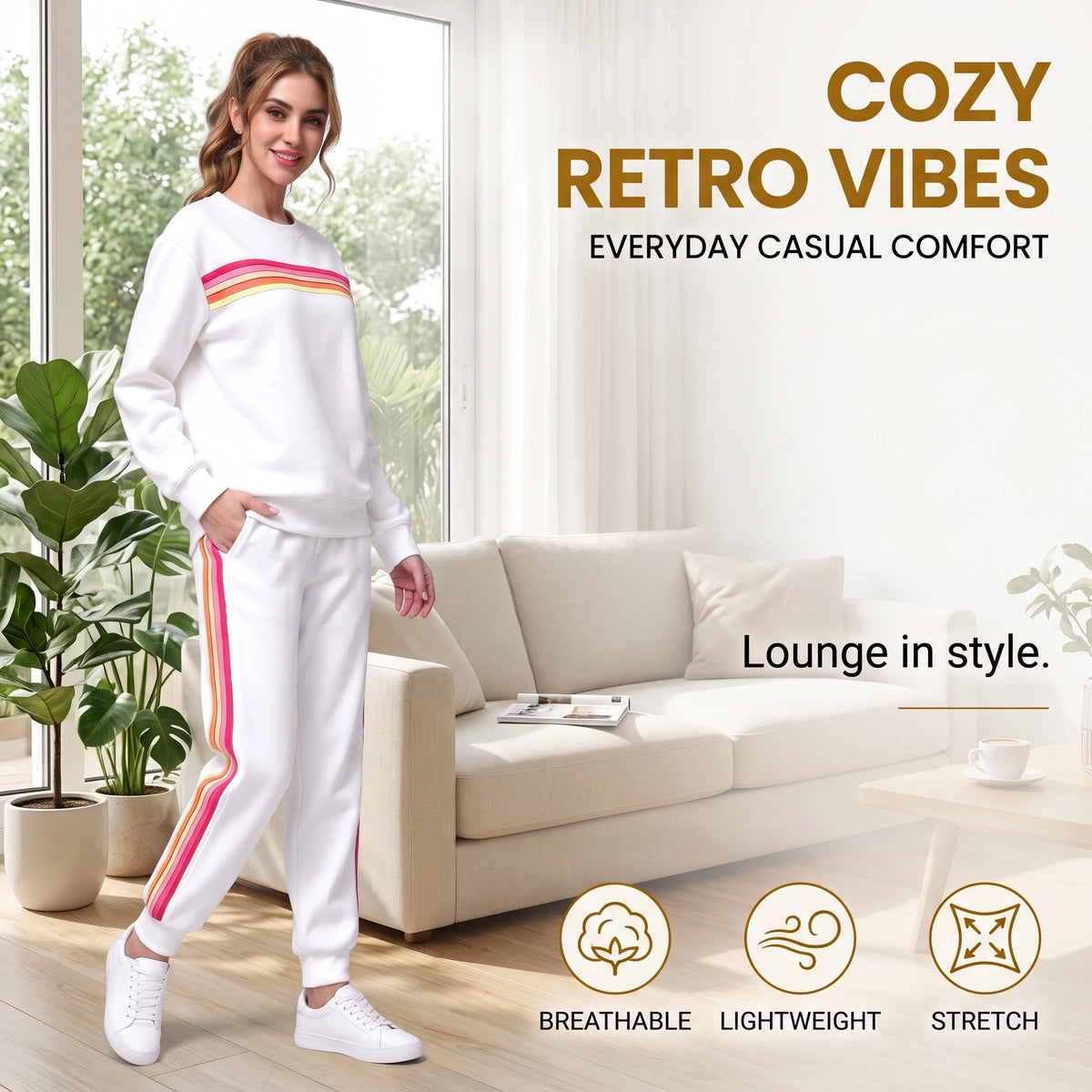 Women's Retro Rainbow Striped Pullover and Jogger Pants Set