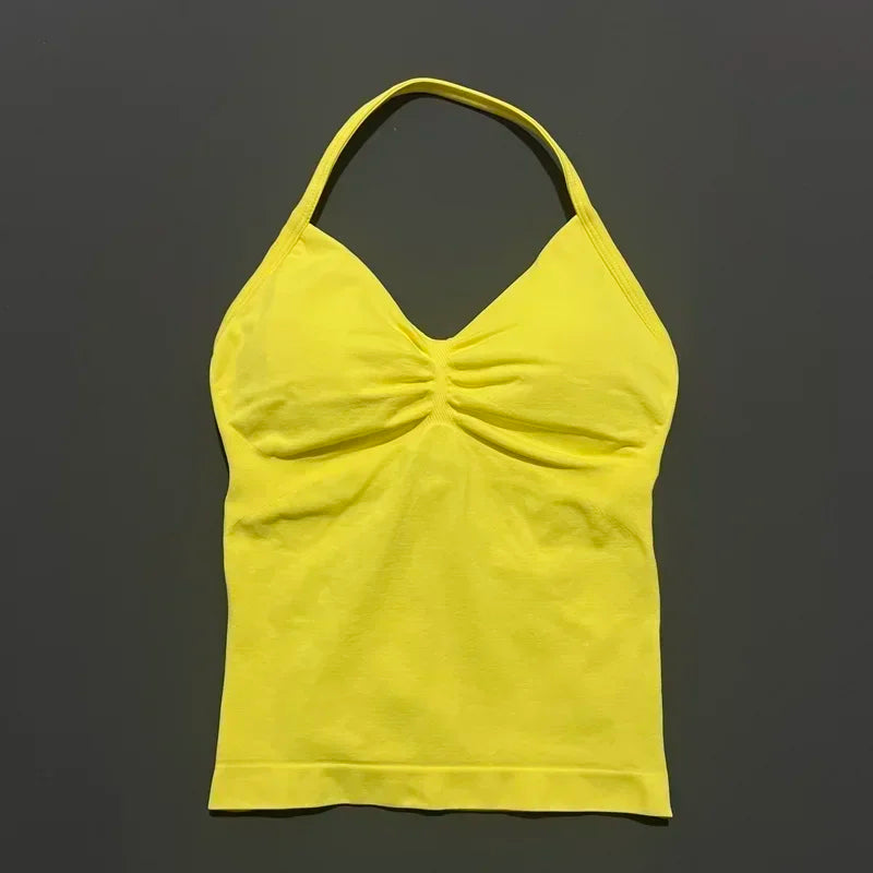 Seamless Halter Neck Workout Tank With Built In Shelf Bra
