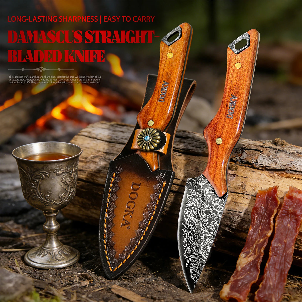Handmade Damascus Hunting Knife, Full Tang Fixed Blade Camping Knife with Leather Sheath