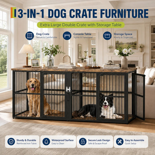 Double Dog Crate Furniture With Divider And Storage Cabinet