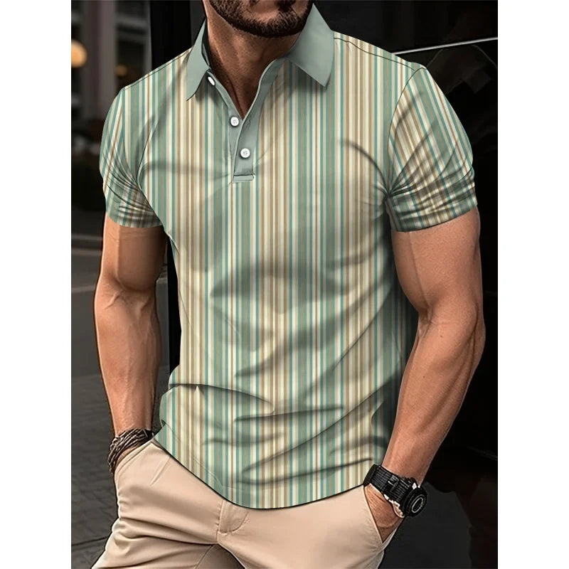 Mens Color Block Striped Polo Shirt Short Sleeve Knit Top