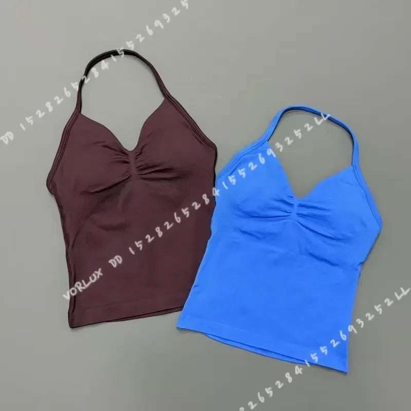 Seamless Halter Neck Workout Tank With Built In Shelf Bra