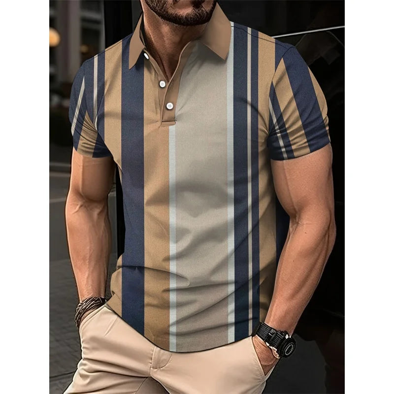 Mens Color Block Striped Polo Shirt Short Sleeve Knit Top