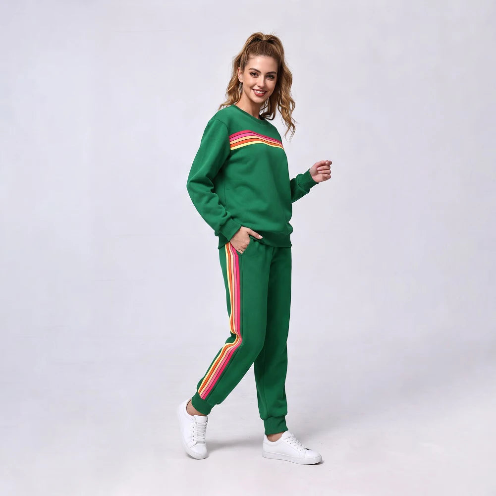 Women's Retro Rainbow Striped Pullover and Jogger Pants Set