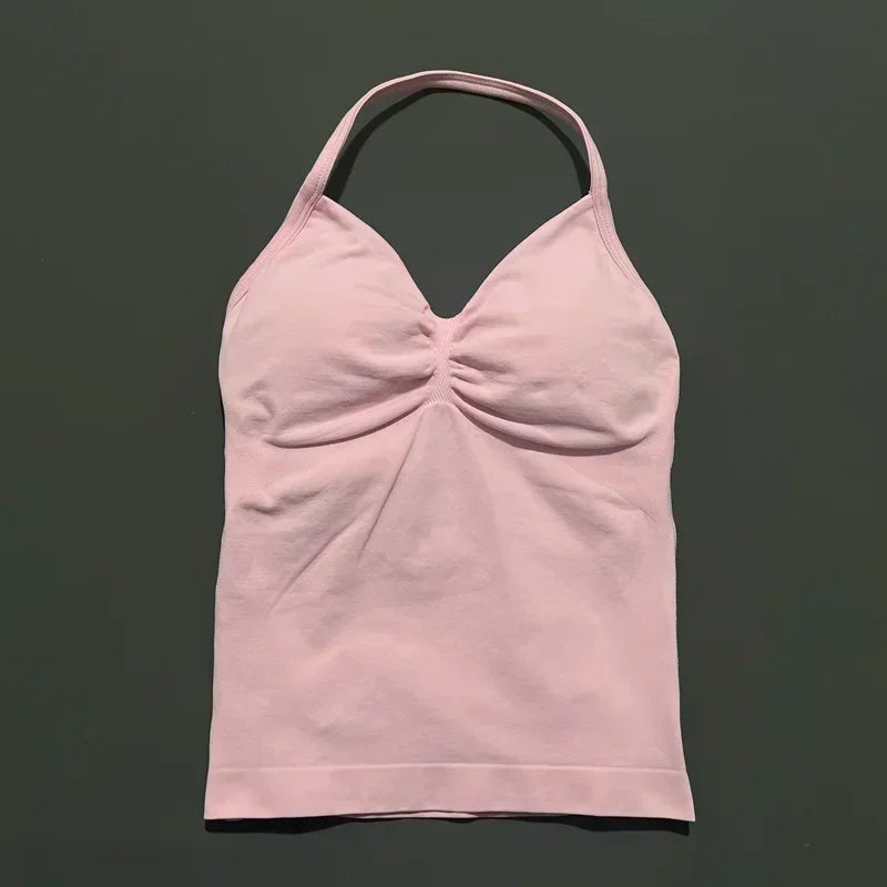 Seamless Halter Neck Workout Tank With Built In Shelf Bra