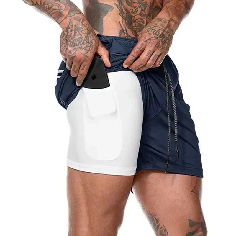 Mens 2 In 1 Compression Running Shorts With Phone Pockets