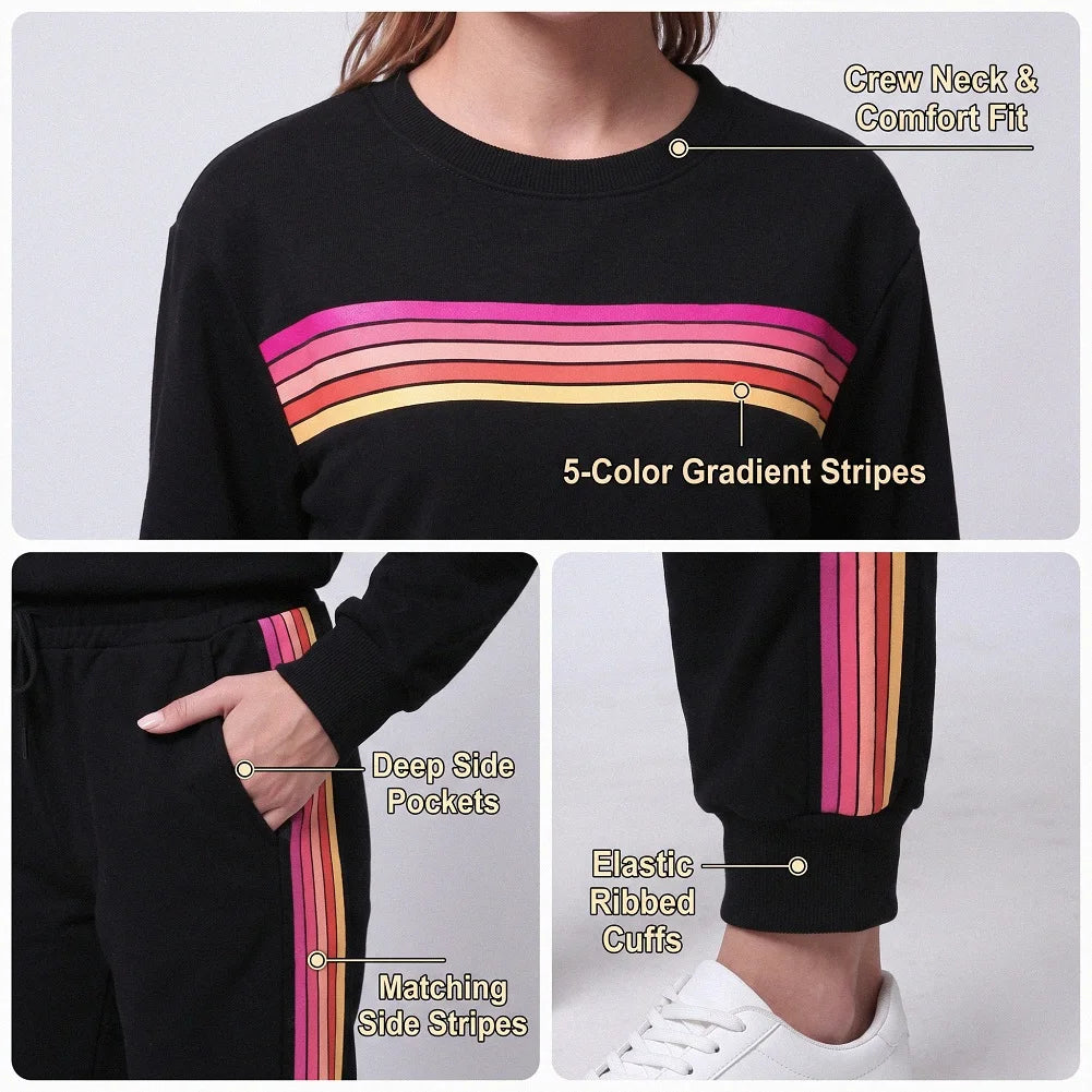 Women's Retro Rainbow Striped Pullover and Jogger Pants Set