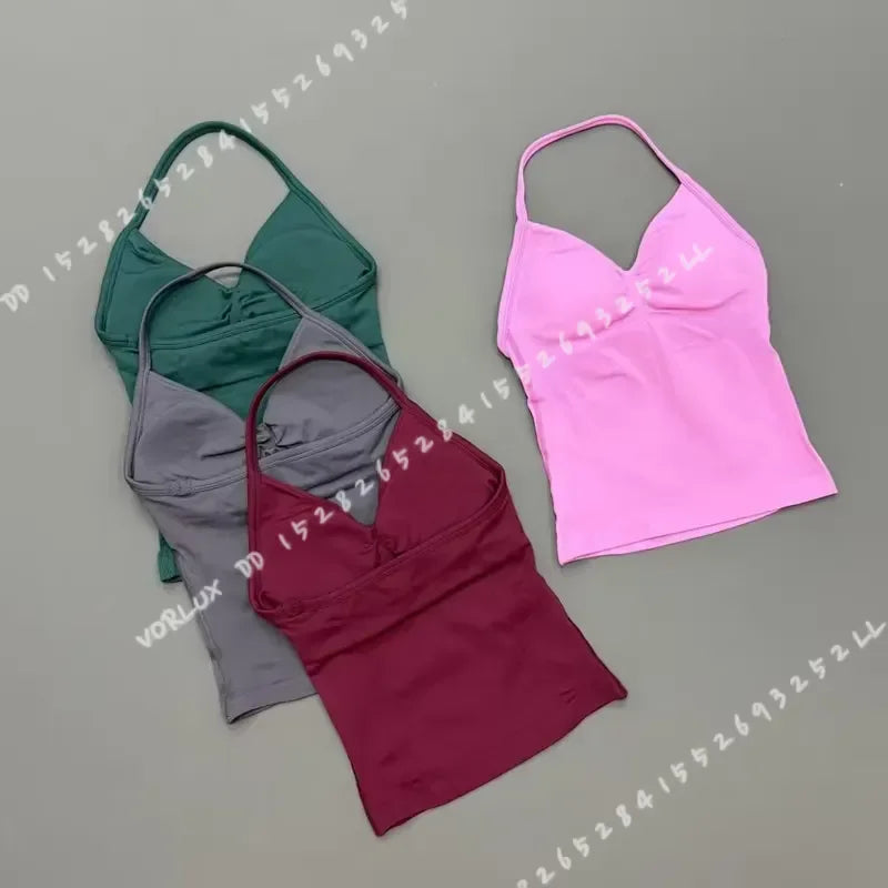 Seamless Halter Neck Workout Tank With Built In Shelf Bra