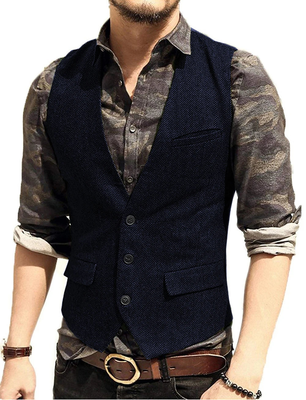 SOLOVEDRESS Men's Herringbone Tweed Vest for Business and Formal Wear