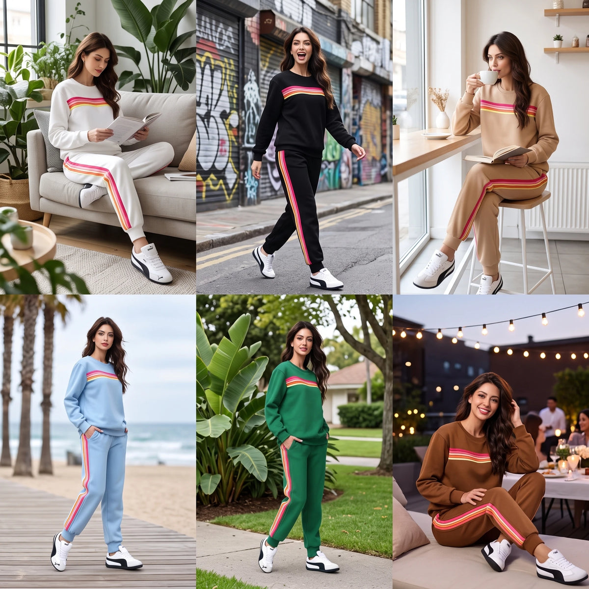 Women's Retro Rainbow Striped Pullover and Jogger Pants Set