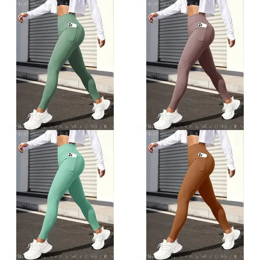 Women Solid High Waist Yoga Leggings With Side Pockets Buttery Soft Naked Feel Stretch Workout Pants For Gym Running Fitness Daily Casual Wear