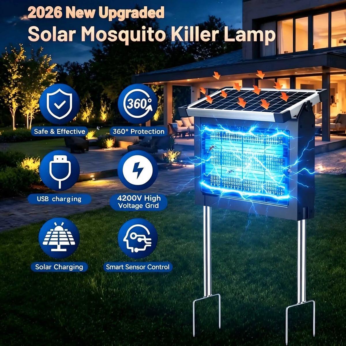 Solar Outdoor Bug Zapper With 4500V Sensor And Waterproof Design