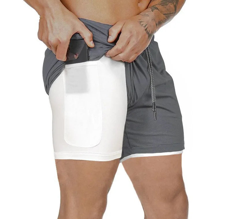 Mens 2 In 1 Compression Running Shorts With Phone Pockets