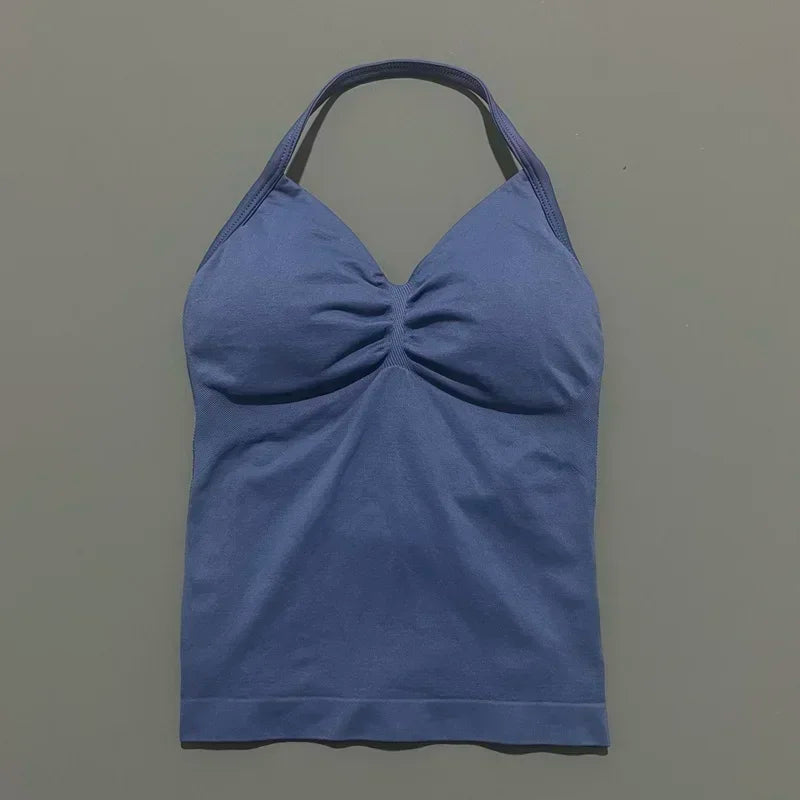Seamless Halter Neck Workout Tank With Built In Shelf Bra