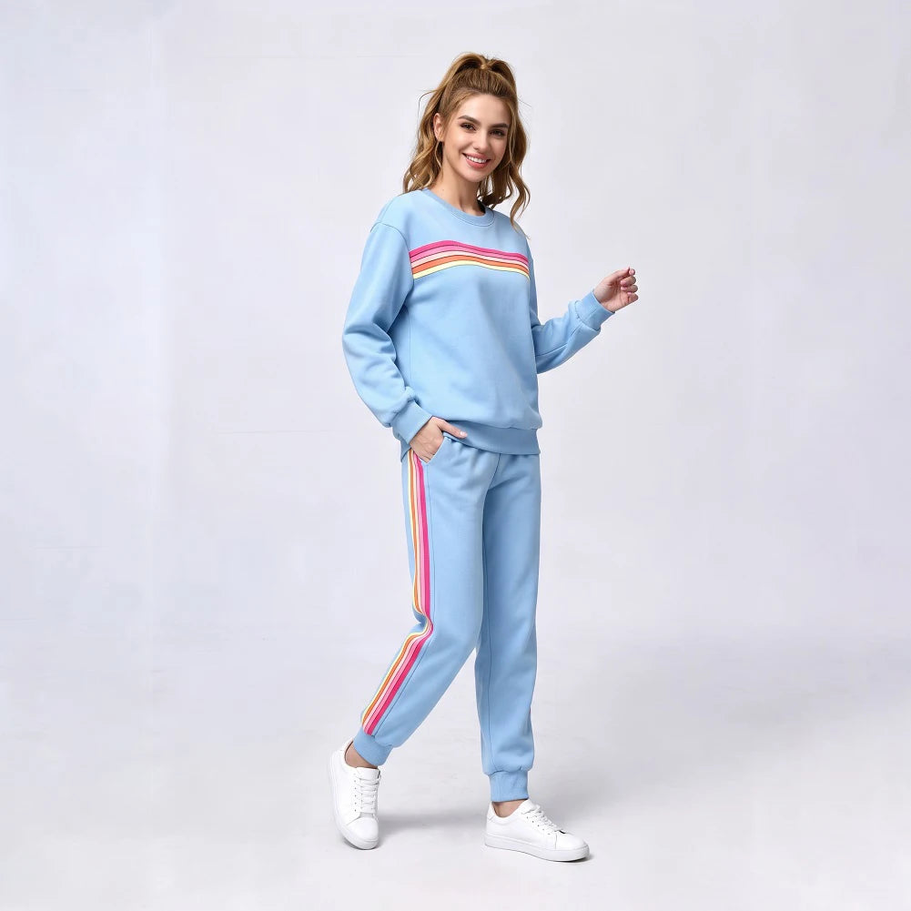 Women's Retro Rainbow Striped Pullover and Jogger Pants Set