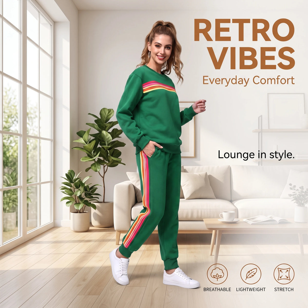 Women's Retro Rainbow Striped Pullover and Jogger Pants Set
