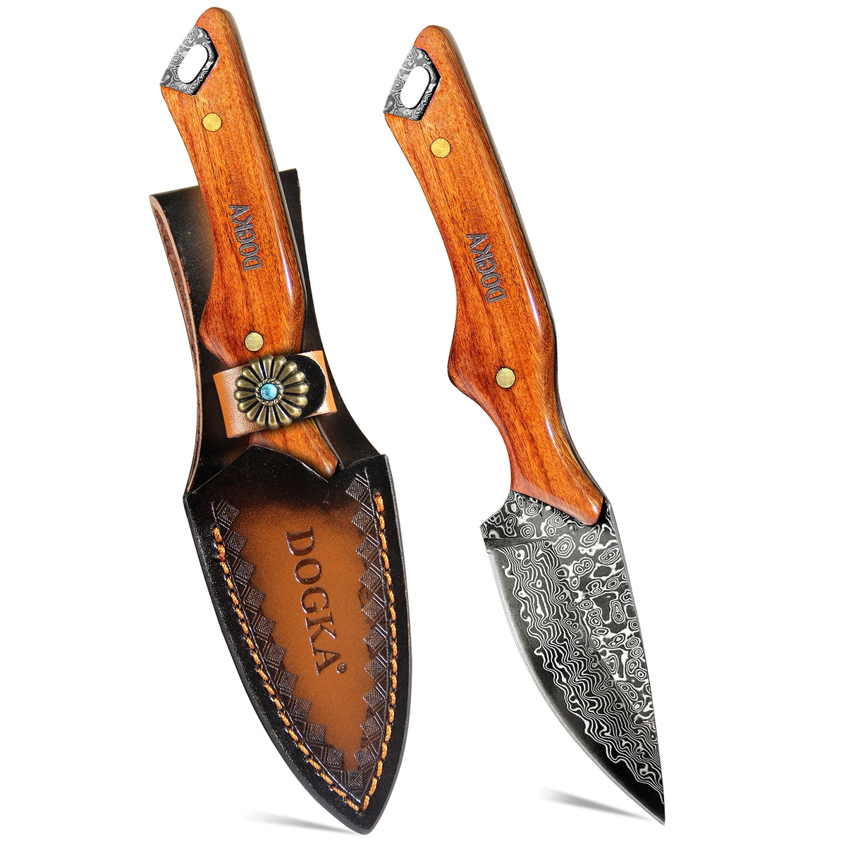Handmade Damascus Hunting Knife, Full Tang Fixed Blade Camping Knife with Leather Sheath