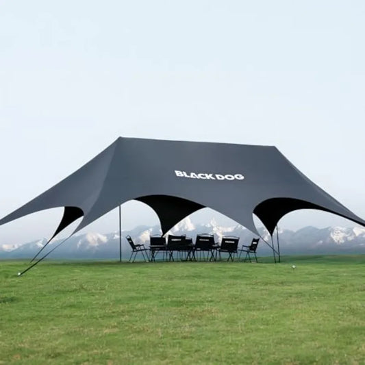 Camping tarp for sun and rain shelter, polyethylene material, silver color, UV-resistant and waterproof with lightweight design