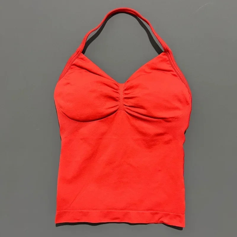 Seamless Halter Neck Workout Tank With Built In Shelf Bra