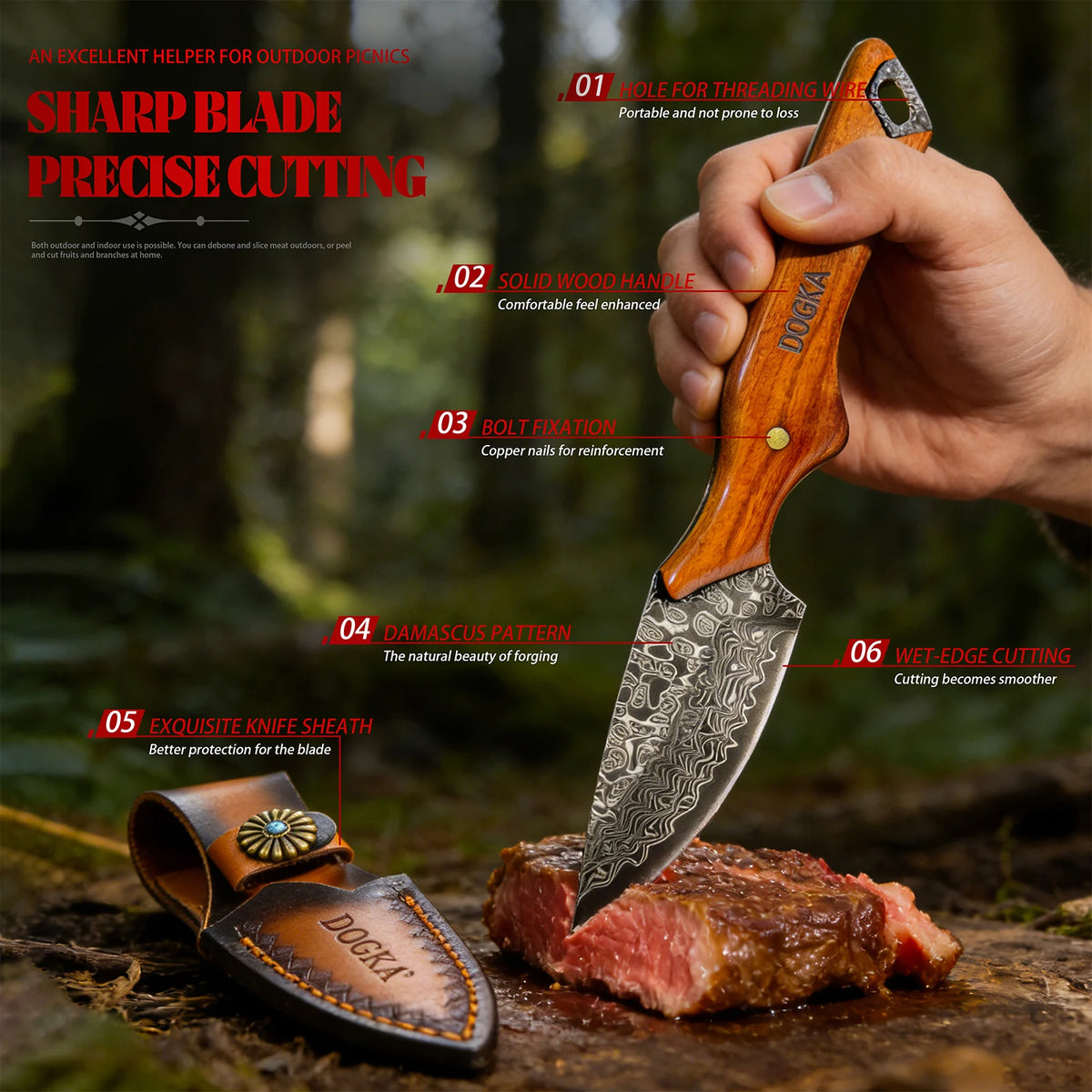 Handmade Damascus Hunting Knife, Full Tang Fixed Blade Camping Knife with Leather Sheath
