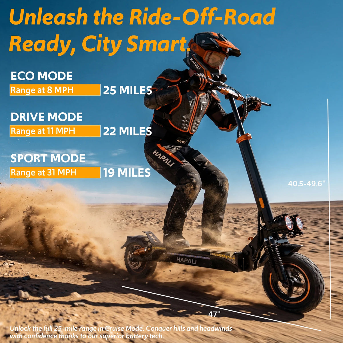 Off Road Electric Scooter, 1200W Motor, 25 Miles Range, 31 MPH, 11" All Terrain Tire, E-Scooter for Adults with Double Suspension & Side Light Disc Brakes