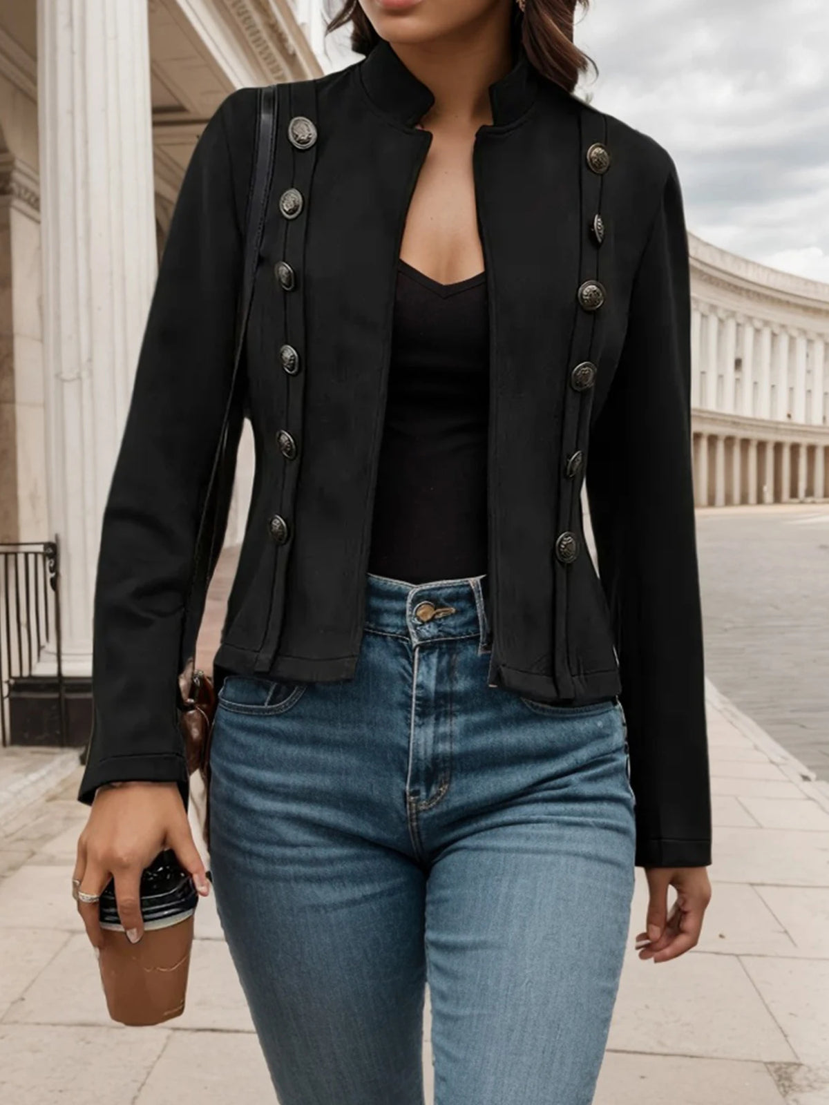Womens Double Breasted Casual Jacket With Turn Down Collar