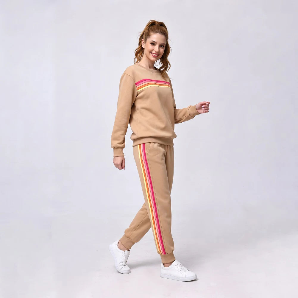 Women's Retro Rainbow Striped Pullover and Jogger Pants Set