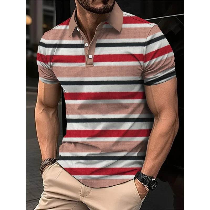 Mens Color Block Striped Polo Shirt Short Sleeve Knit Top
