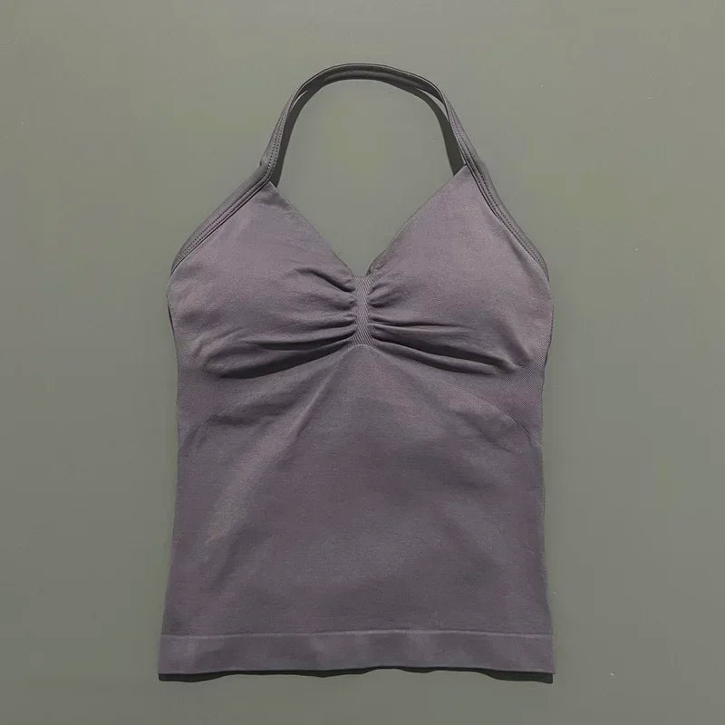 Seamless Halter Neck Workout Tank With Built In Shelf Bra