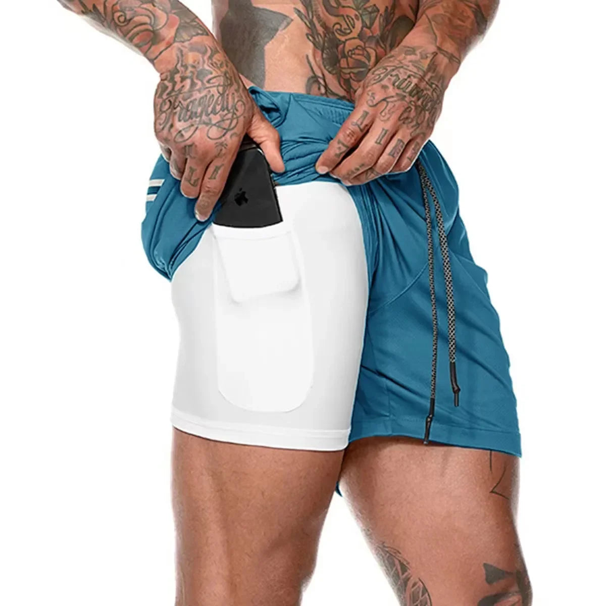 Mens 2 In 1 Compression Running Shorts With Phone Pockets
