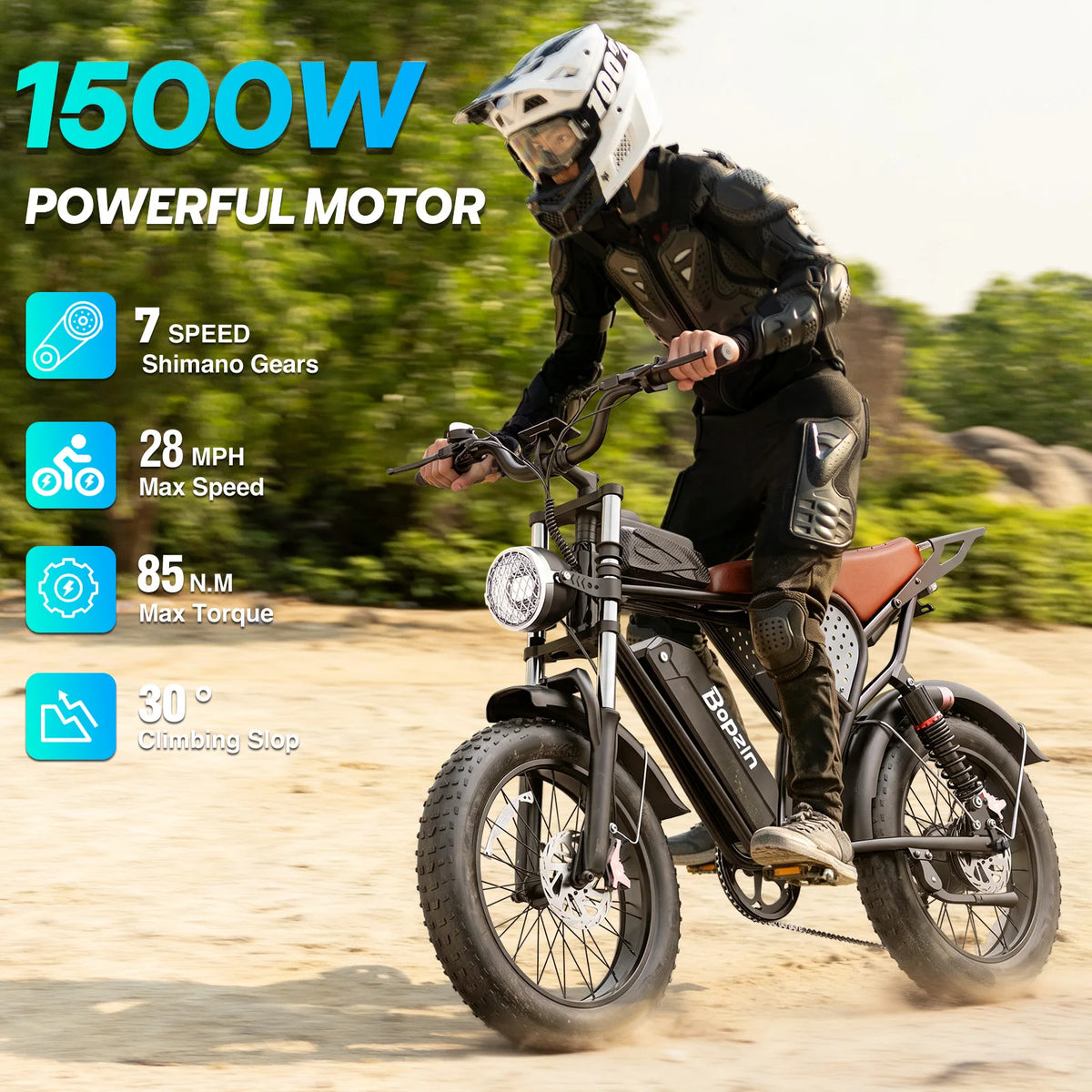 Bopzin C22-Z-25 Electric Bike 1500W 48V 25Ah Fat Tire Ebike for Adults 35MPH Full Suspension Off-Road 20" Dirt Motorcycle E-Bike