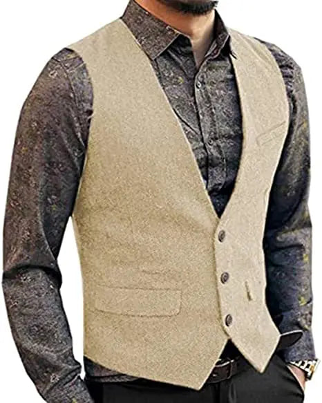 SOLOVEDRESS Men's Herringbone Tweed Vest for Business and Formal Wear