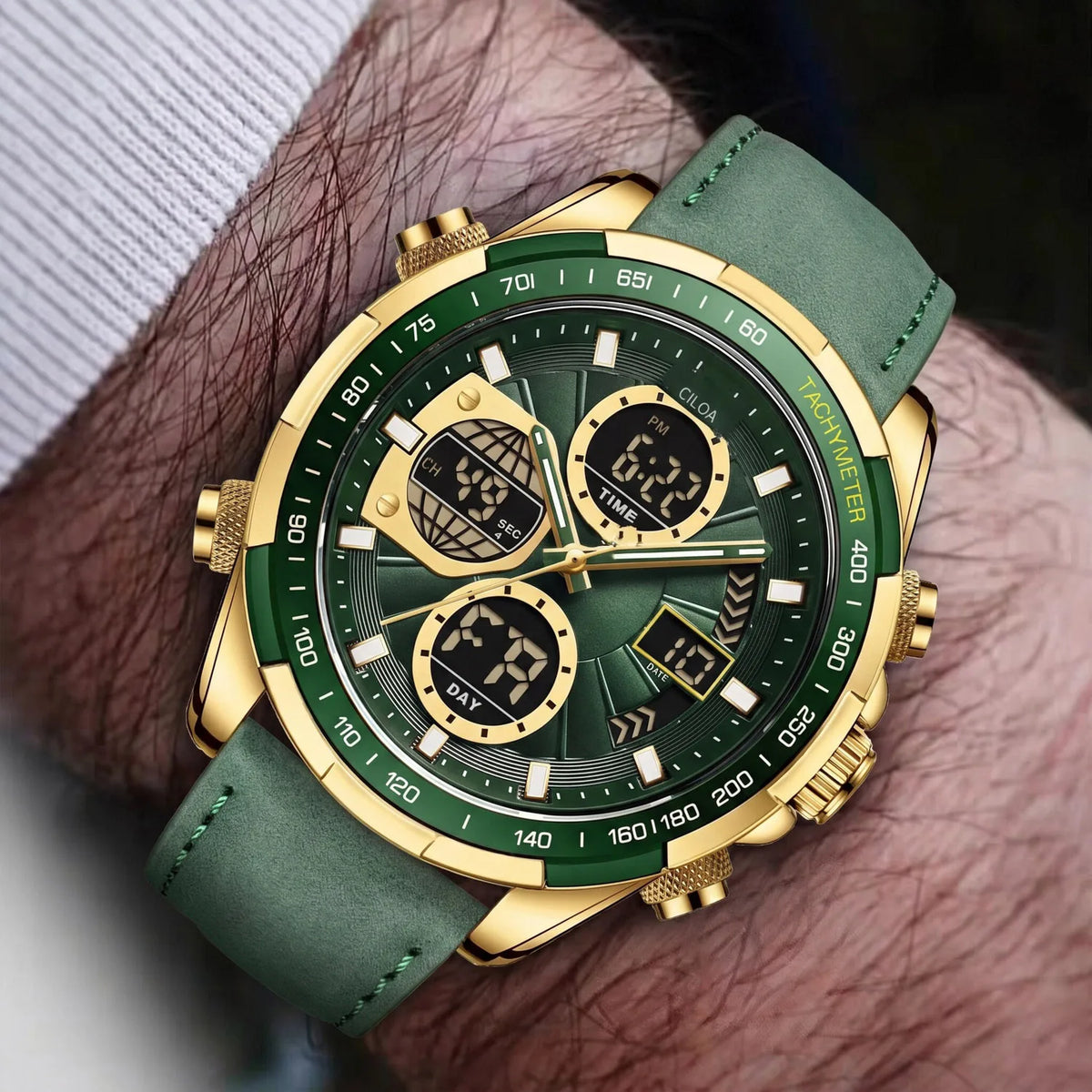 Men Dual Display Digital Analog Watch Green Suede Leather Strap Tachymeter Bezel Waterproof Military Outdoor Multifunctional Sports Quartz Wristwatch for Men