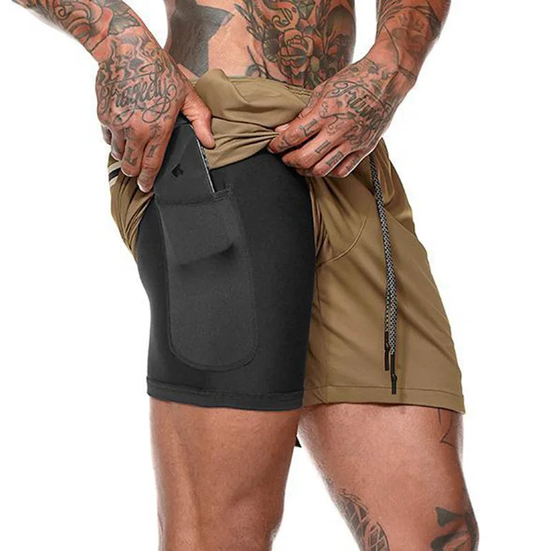 Mens 2 In 1 Compression Running Shorts With Phone Pockets