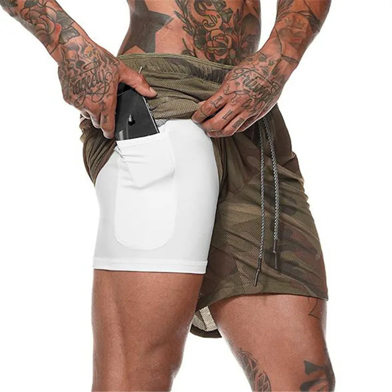 Mens 2 In 1 Compression Running Shorts With Phone Pockets