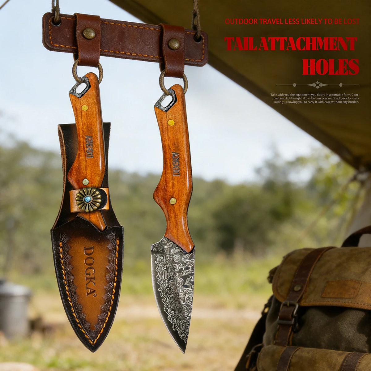 Handmade Damascus Hunting Knife, Full Tang Fixed Blade Camping Knife with Leather Sheath