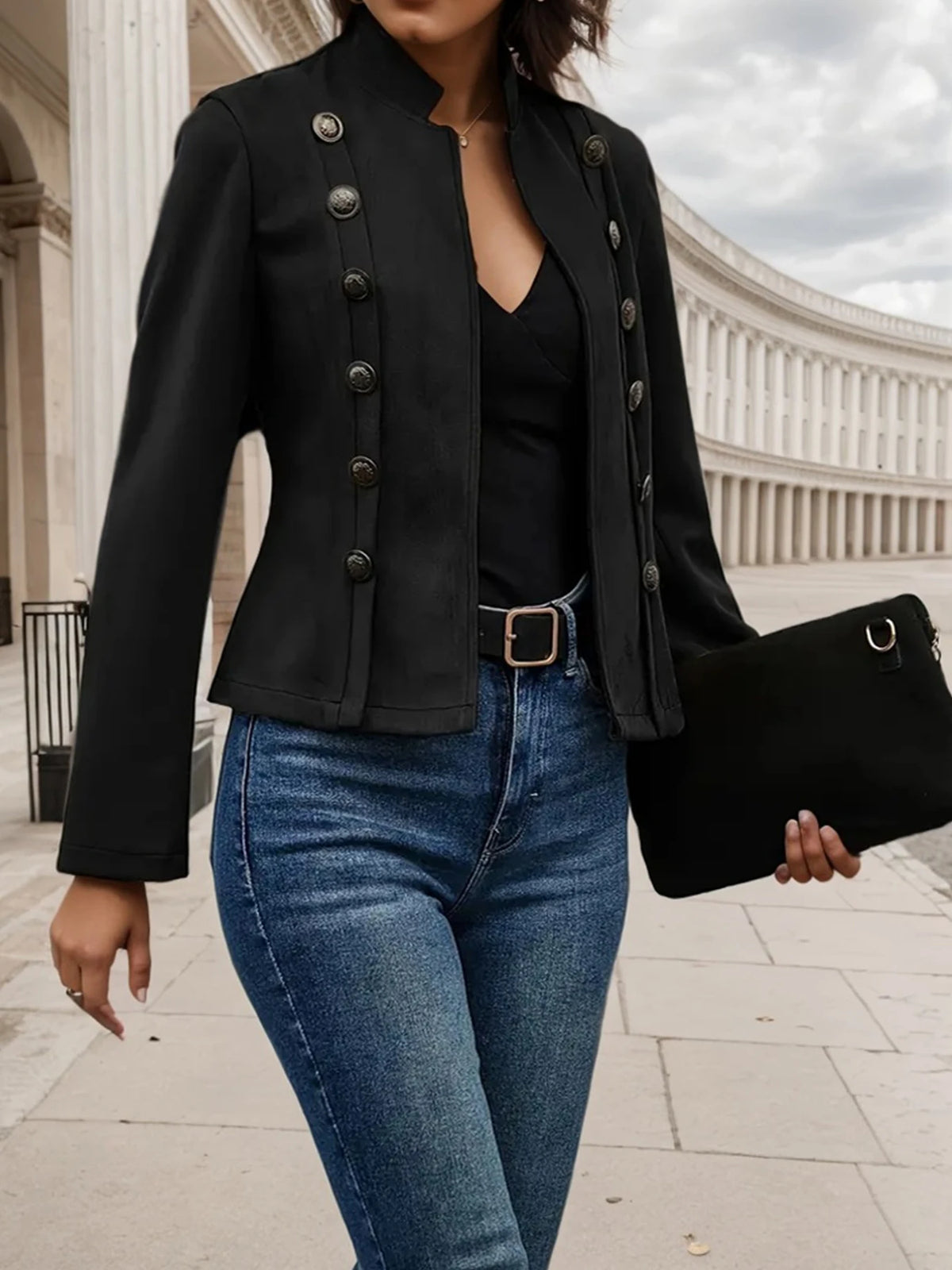 Womens Double Breasted Casual Jacket With Turn Down Collar