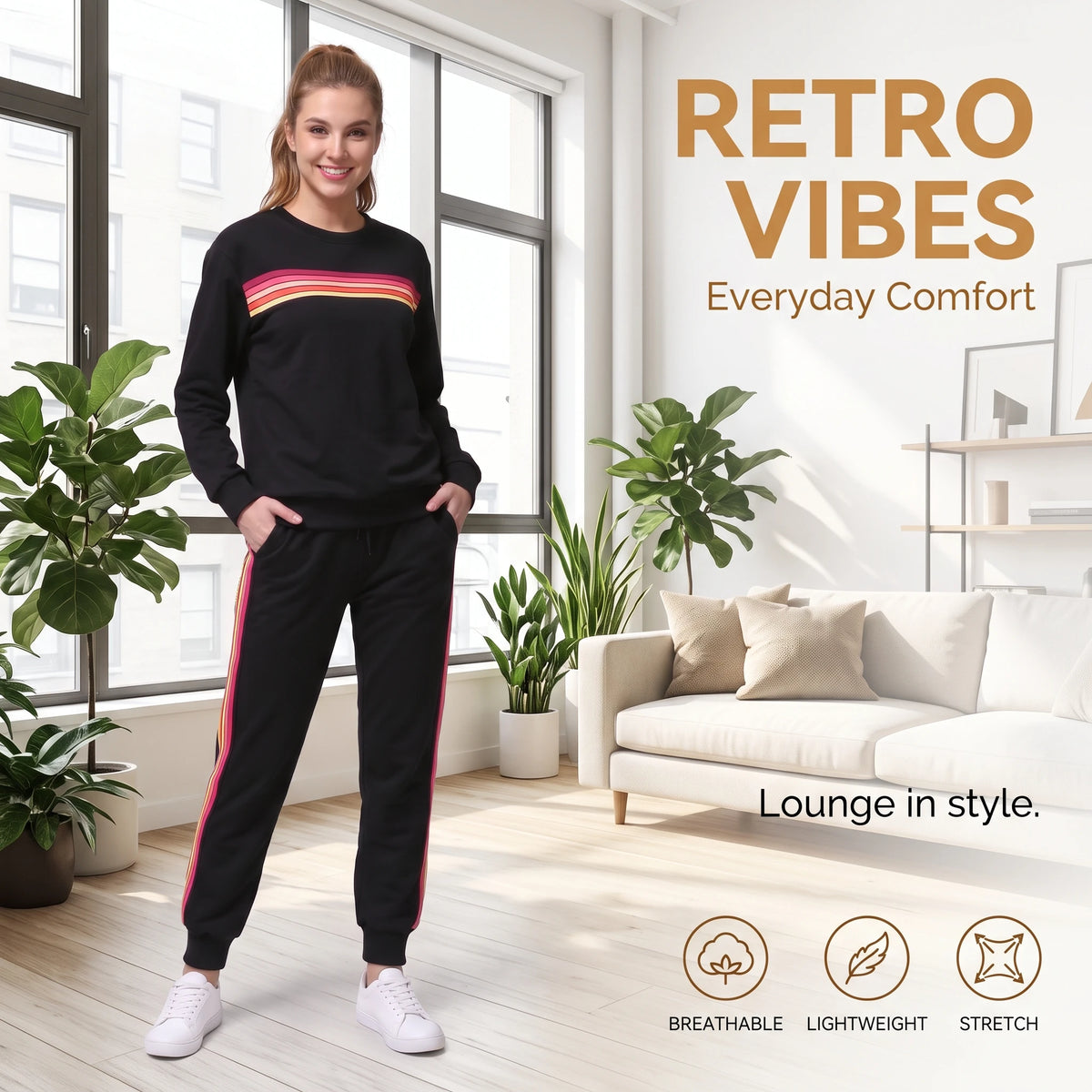 Women's Retro Rainbow Striped Pullover and Jogger Pants Set