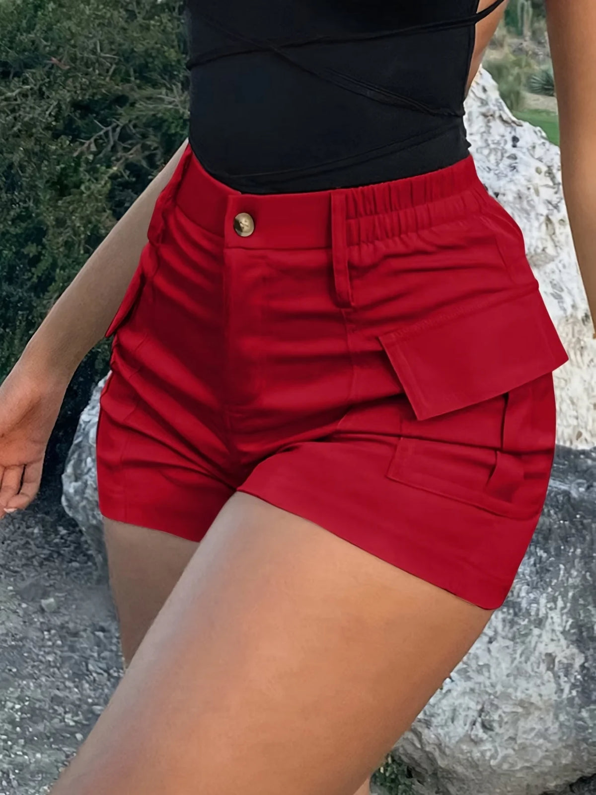 Women's High Waist Cargo Shorts With Button Fly Multiple Pockets