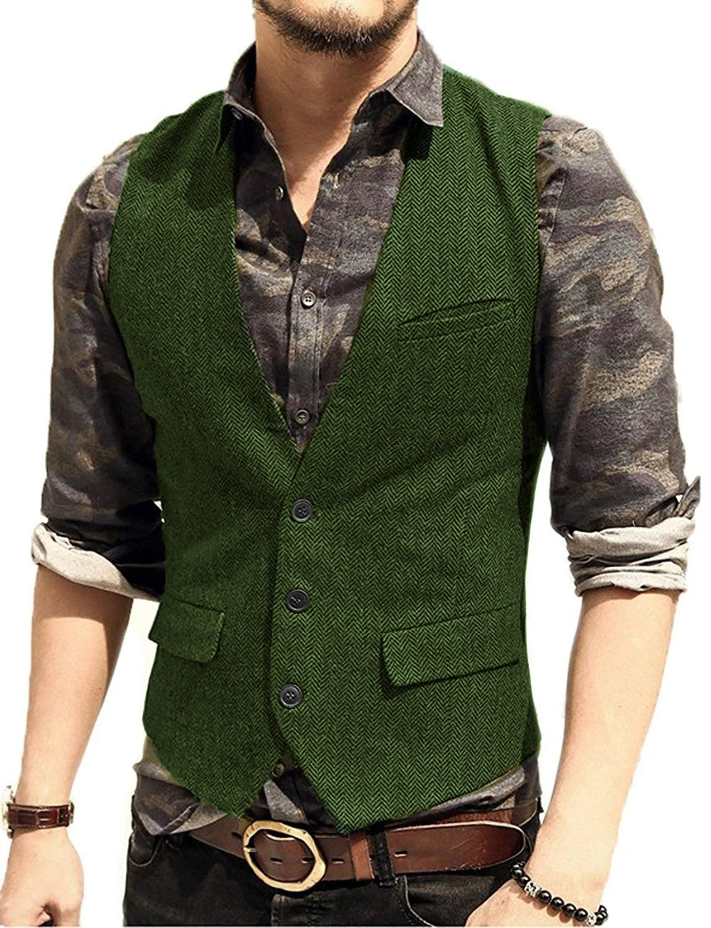 SOLOVEDRESS Men's Herringbone Tweed Vest for Business and Formal Wear